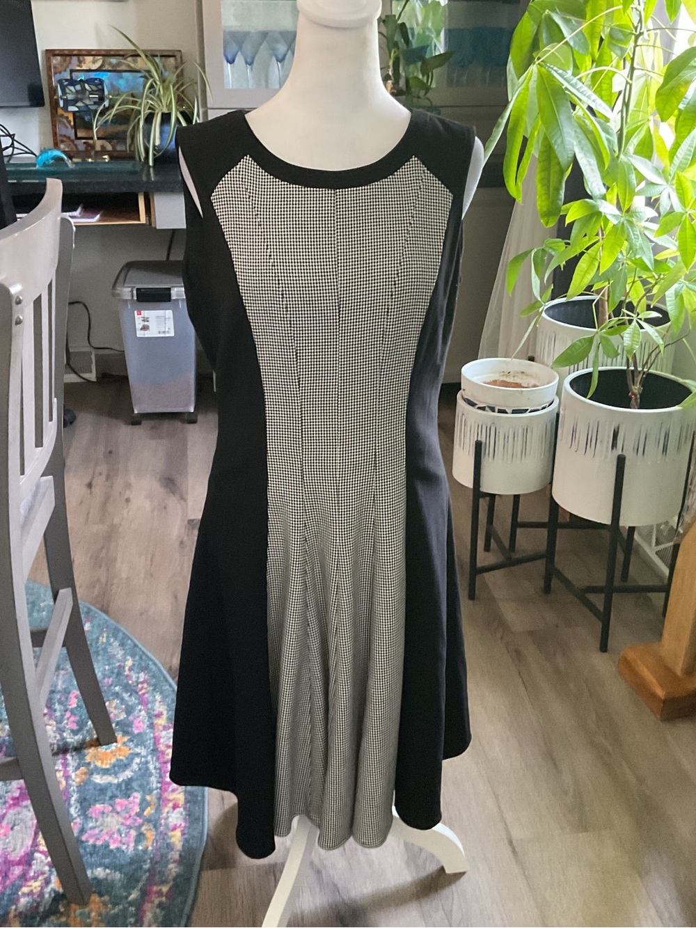 Calvin Klein Black Midi Dress with White Houndstooth Front Panel